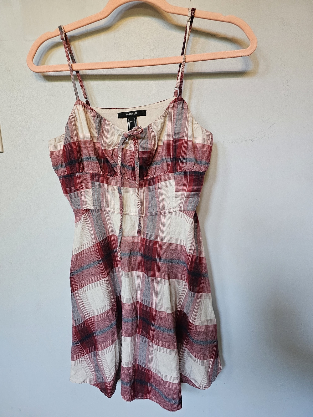 Forever 21 Red Plaid Mini Dress Women's Medium Spaghetti Strap Tie Front Cottage